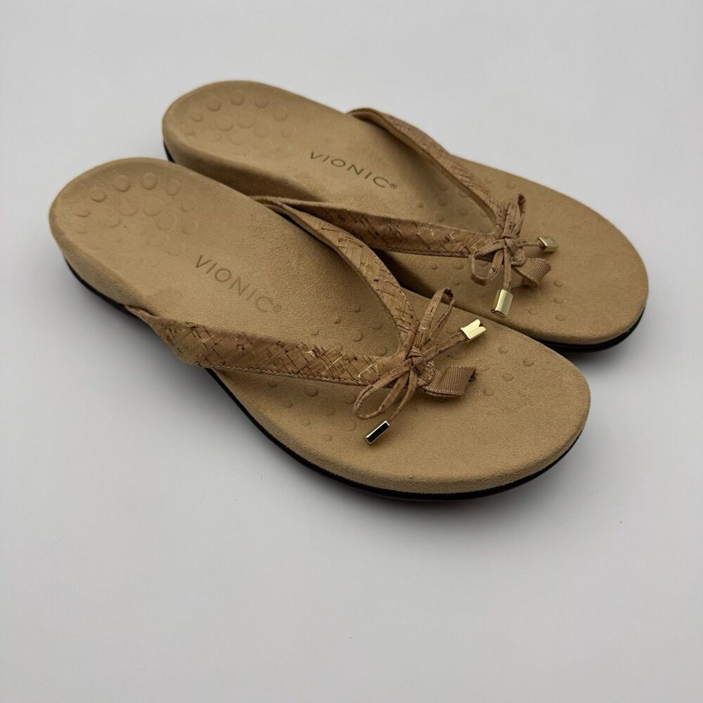 Vionic Bella II Sandal Sz 9.5 Beige Bow Orthotic Comfort Slip On Thong
